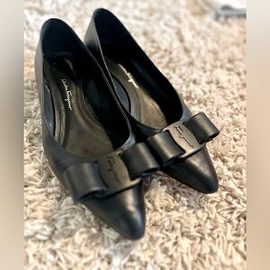 Salvatore Ferragamo black leather bow pointy toe flats, size 9.5